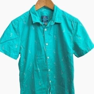 George Hawaiian Button Up Short Sleeve Shirt - Mens Size Small - Blue - Flamingo
